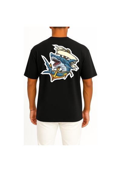 Bahriyeli Collection Oversize Köpekbalığı Ve Çapa Göğüs Ve Sırt Baskılı Unisex T-shirt Siyah