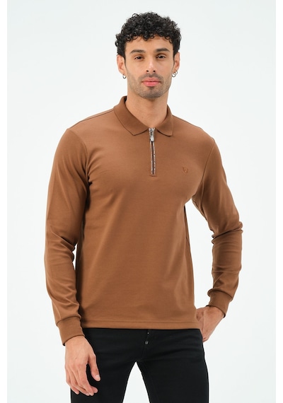 Fermuarlı Uzun Kollu Regular Fit Erkek Polo Yaka T-shirt Kahverengi Fermuarlı Uzun Kollu Regular Fit Erkek Polo Yaka T-shirt Kahverengi