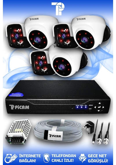 Picam 6 Kameralı Panda 3 İç Kamera Set HDD'siz Full HD Gece Görüşlü Güvenlik Kamerası Sistemi