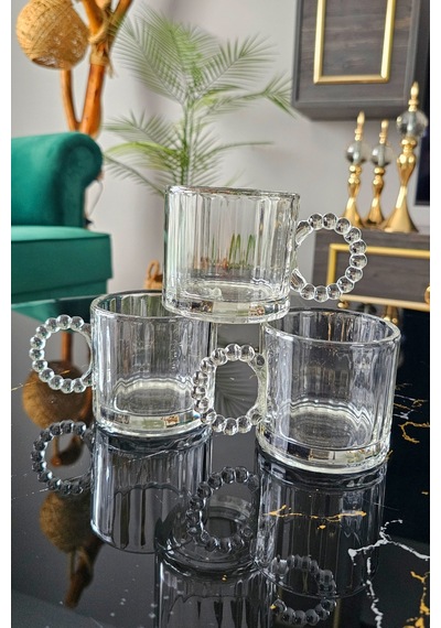 6 Lı Boncuklu Kulplu Cam Kupa 300 Ml Kulplu Çay Bardağı Boncuk Cam Kupa Meşrubat Bardağı - Beyaz Beyaz