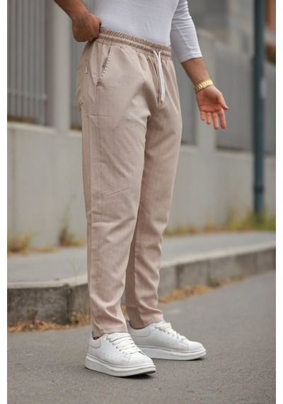 Veraura Lifestyle Erkek Beli Bağcıklı Çizgili Pantolon Bej
