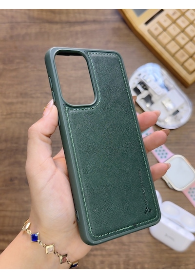 Samsung Galaxy A33 Uyumlu Premium Deri Dokulu Darbelere Karşı Dayanıklı Nazal Silikon Kılıf Haki
