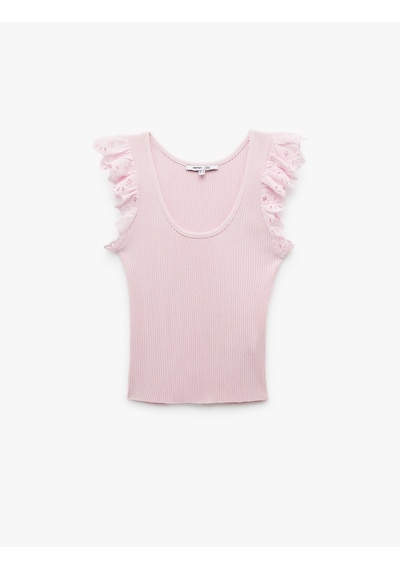Koton Kolsuz Brodeli Fırfır Detaylı Triko Bluz Pembe 5sak30063ht Gül