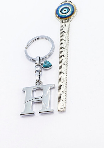 Firuze Taşlı Kalpli Gümüş Renkli Metal H Harfi Anahtarlık / Harfl