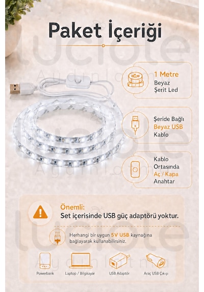 5v Usb Şerit Led 1 Metre Beyaz Işık Anahtarlı Powerbank Uyumlu Tezgah Altı Dekoratif Led