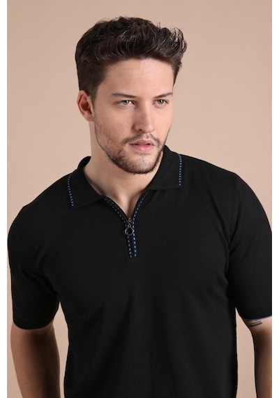 Ferraro Siyah Polo Yaka Fermuarlı Erkek Pamuk Triko T-Shirt-Siyah (417942930) Siyah