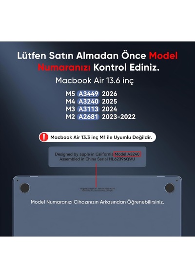 Macbook Air 13,6 İle Uyumlu M5 A3449 M4 A3240 M3 A3113 M2 A2681 Polikarbonat Sert Koruyucu Çizilme Ve Darbe Önleyici Kılıf Siyah Şeffaf, 13.6 İnç 2022-26 Belirtilmemiş