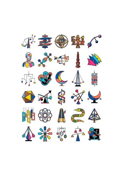 30 Adet Modern Kinetik Heykel Sticker Seti - Laptop, Defter Ve Ajanda Çok Renkli