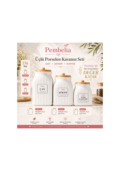 3 Boy Bambu Vakumlu Porselen Çay Şeker Kahve Kavanozu 3'lu Saklama Takımı 1000ml,750ml,500ml Beyaz Beyaz