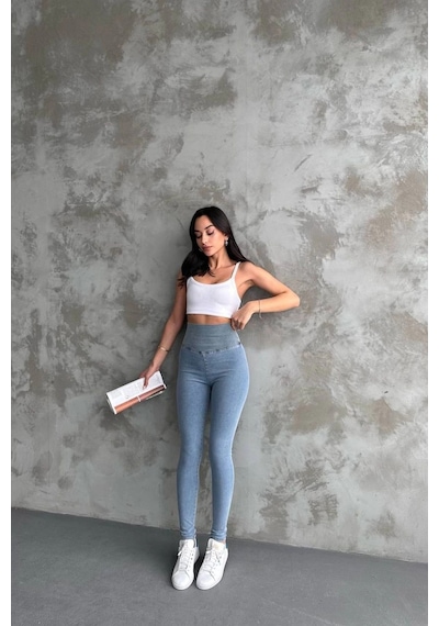 Buz Mavi Ekstra Yüksek Bel Kot Tayt Pantolon Jeggings Buz Mavi