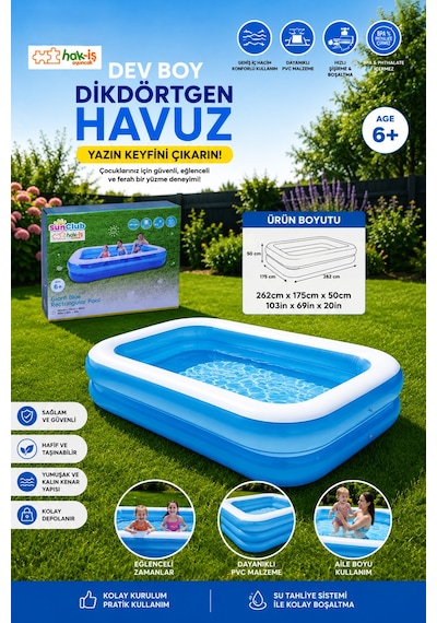 Şişme Dikdörtgen Havuz 262 X 175 X 50 Cm Mavi Bahçe Havuzu