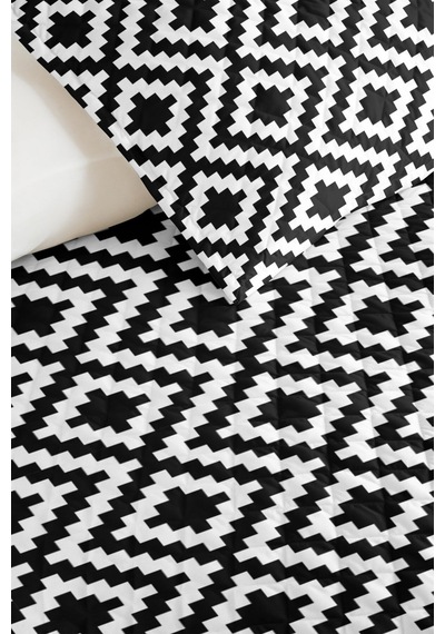 Siyah Beyaz Geometrik Genç Odası Tek Kişilik Pike Takımı - Ekose 160x220 Cm Kapitone Yatak Örtüsü Bohem Eşik Havası