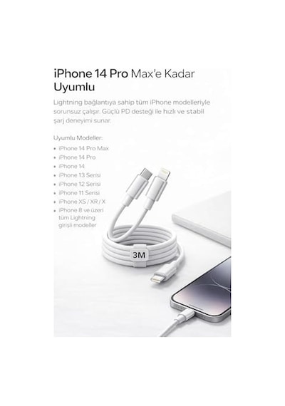 Yk Desıgn İphone Uyumlu Usb-c To Lightning Şarj Ve Data Kablosu, Beyaz 3m