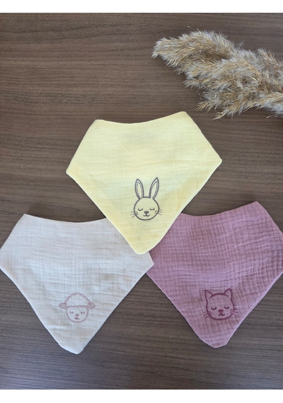 Venedy S Sleepy Bunny,lamb,kitty 3lü Nakışlı Müslin Bandana Önlük Seti Çok Renkli