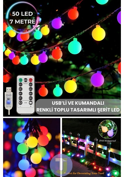Technojet 50 Top Ledli Usbli Kumandalı 8 Modlu Led Işık Parti Süsleme Organizasyon 8 Metre