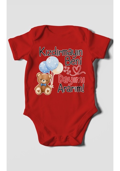 Morivokids Kızdırmayın Beni, Dayımı Ararım Kısa Kollu Bebek Body %100 Pamuk Kırmızı