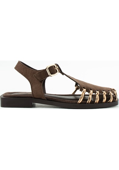 Duxal Shoes Debra Kadın Süet Örgü Tasarım Kafesli Sandalet Acıkahve