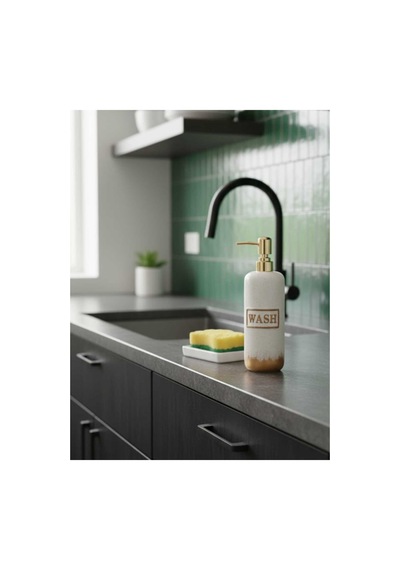 Porselen Wash Yazılı Altın Kapaklı Sıvı Sabunluk Şık Modern Banyo Aksesuar Krem - 777968624 Krem