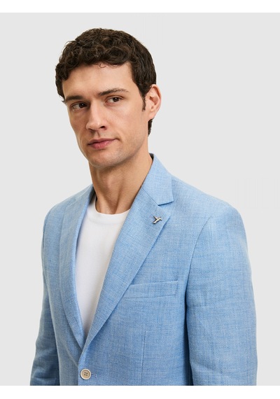 Cacharel Mavi Slim Fit Yün Keten Karışımlı Mikro Desen Mono Yaka Ceket