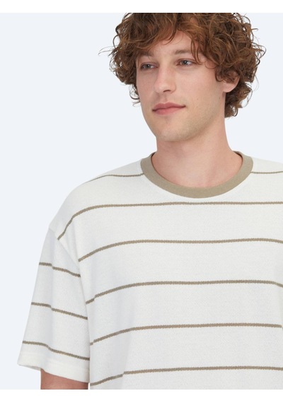 Kip Ekru Çizgili Pamuk Karışımlı T-shirt