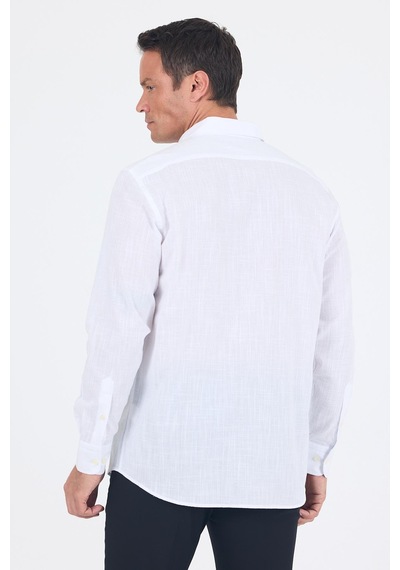İmza Beyaz Uzun Kol Düz Armür Oval Yaka Casual Comfort Fit Gömlek 1004250249 Beyaz