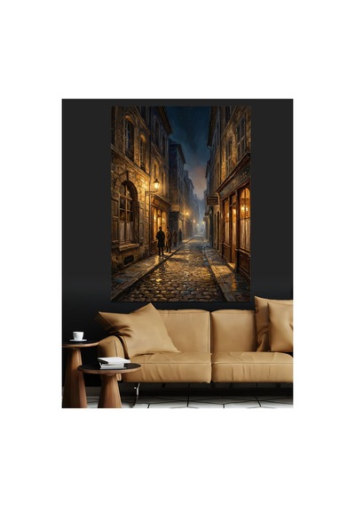 Gece Yarısı Dar Şehir Sokağı Yağlı Boya Dokulu Kanvas Tablo Canvas Tablosu
