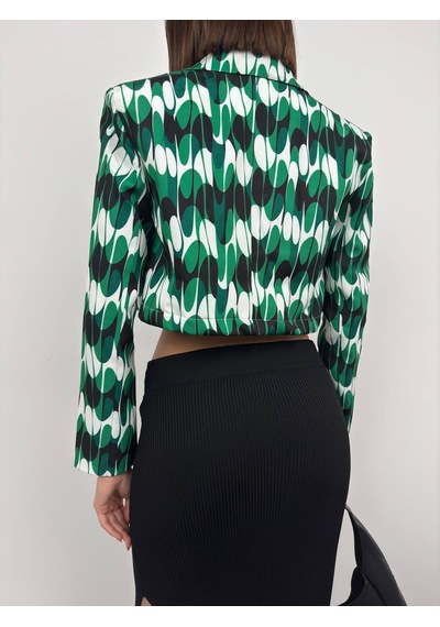 Yeni Sezon Desenli Simetrik Katlamalı Yaka Tek Düğme Crop Kadın Blazer Ceket 24s08012 Yeşil