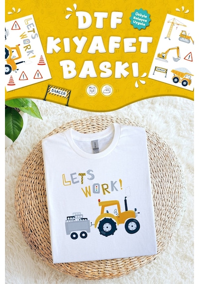 Kumaşa Baskı Yapılabilen Özel Tasarım Ütü Ile Yapışan Tekstil Dtf Baskı Görseli İş Makinası Temalı Çok Renkli