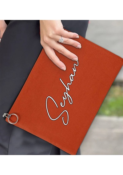 Bk Gift Kişiye Özel İsimli-6 Astarlı Kiremit Portföy Çanta 30x21cm, Baskılı El Çantası, Organizer Çanta Haki