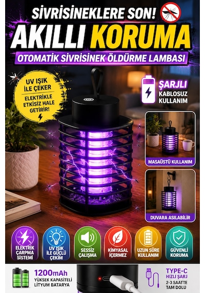 Şarjlı Uv Sivrisinek Öldürücü Lamba Type-c Elektrikli Sinek Kapanı Masaüstü Duvara Asılabilir