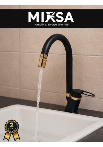 Lüx Siyah-gold Baston Borulu Oynar Başlıklı Perlatörlü Banyo Lavabo Bataryası, Çiftsugirişli