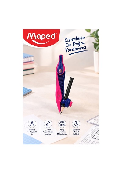 Plastik Pergel Kurşun Kalemli 1 Adet Maped Kidz 191611 Pergel Matematik Geometri Mimari Proje Teknik Çizim Mor