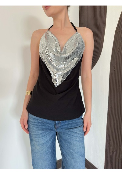 Verymoda Pullu Askılı Bluz D3079 Siyah Gümüş