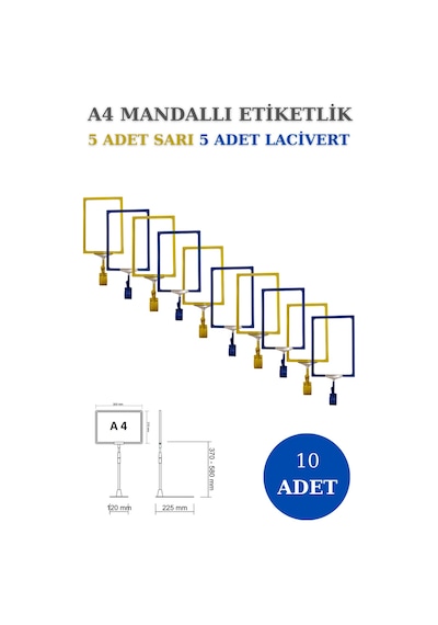 10adet Sarılacivert A4 Mandallı Sepet Etiketi Çerçeveli Etiketlik Sarı Lacivert