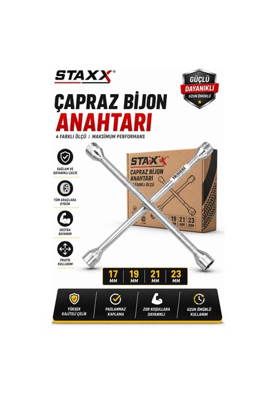 Staxx Bjn1721 Çapraz Bijon Anahtarı 17-19-21-23 Mm Ağır Hizmet Çelik Bijon Sökme Anahtarı