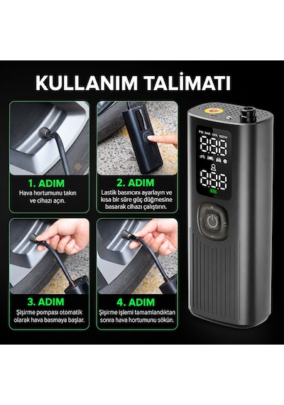 Kablosuz Akıllı Hava Pompası 120 Psı Dijital Göstergeli Type-c Şarjlı Lastik Şişirme Kompresörü Otomatik Basınç Ayarlı Led Işıklı