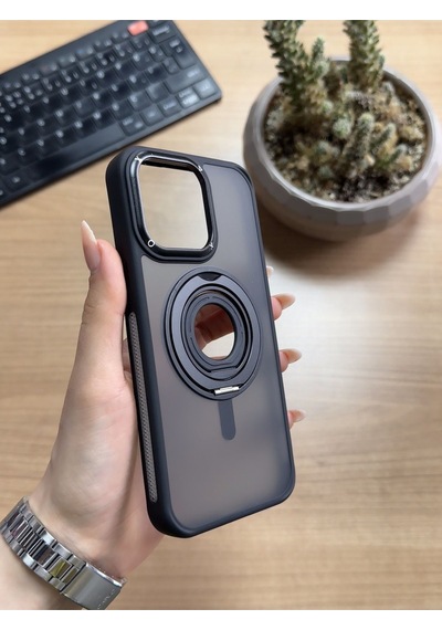 Apple Uyumlu iPhone 14 Pro Max Standlı Ve Yüzüklü Magsafe Kılıf Soocase721 Siyah