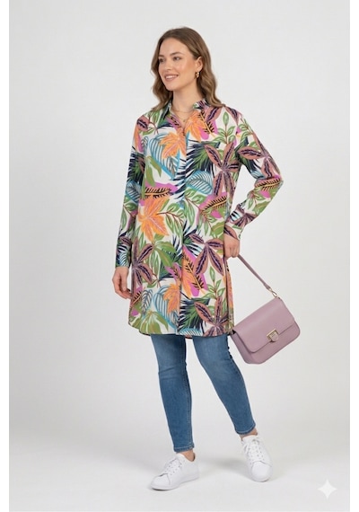 Polologin Butik Tropikal Desenli Uzun Tunik Gömlek - Çok Renkli Mavi