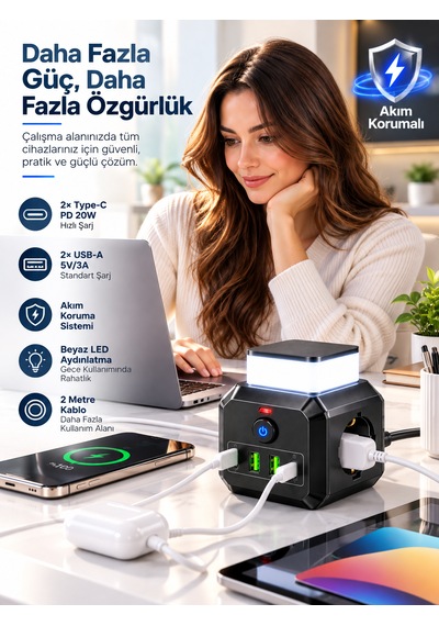 Akım Korumalı 3'lü Priz 2200w 1050j 10a Gece Lambalı 2 Usb 2 Type-c Şarj Girişli 0.2 M