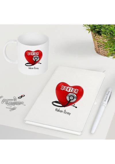Doktorlara Özel Kalpli Isimli Kupa Defter Ve Kalem Seti