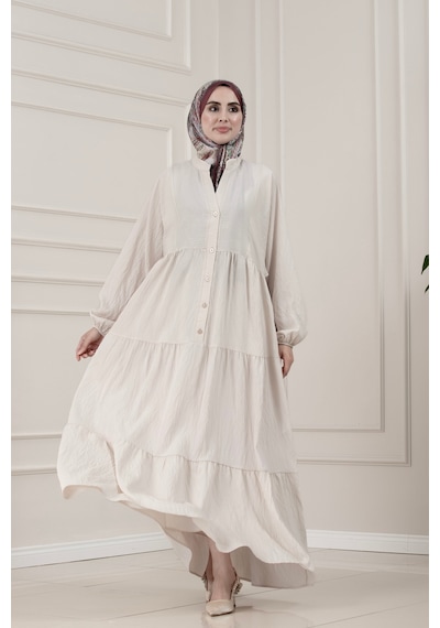 Sevitli Lilyum Kumaş Robalı Katya Elbise-bej-5816