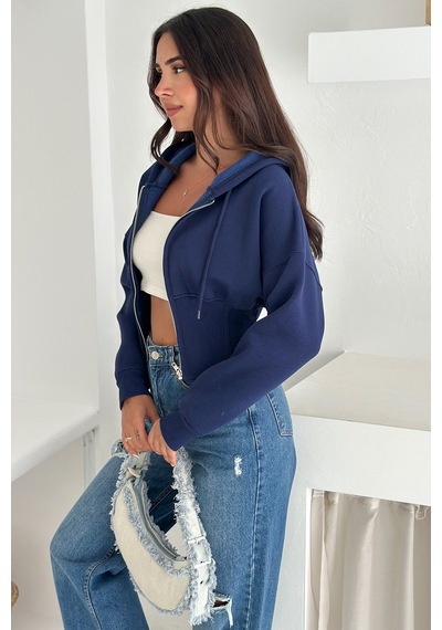Kadın Siyah Fermuarlı Hoodie Minimal Sokak Ruhuyla Lacivert