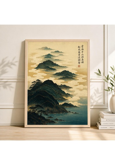 Ukiyo-e Göl Bölgesi Sanat Baskısı: Turkuaz Ve Altın Dağ Manzarası