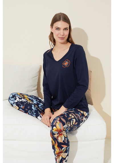 Siyah İnci Pamuklu Örme Pijama Takım 24240097 Lacivert