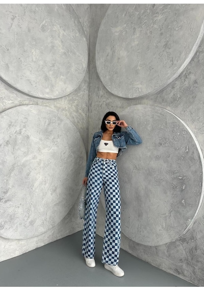 Kare Desenli Wide-leg Pantolon Mavi
