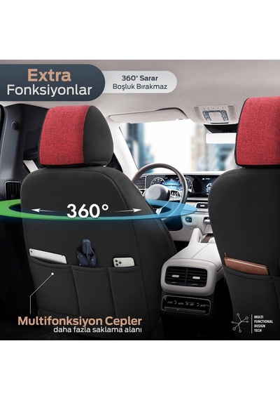 Swan Design Yüksek Kalite Keten Noktalı Deri Detaylı Ekstra Destekli Universal Oto Koltuk Kılıfı Tam Set