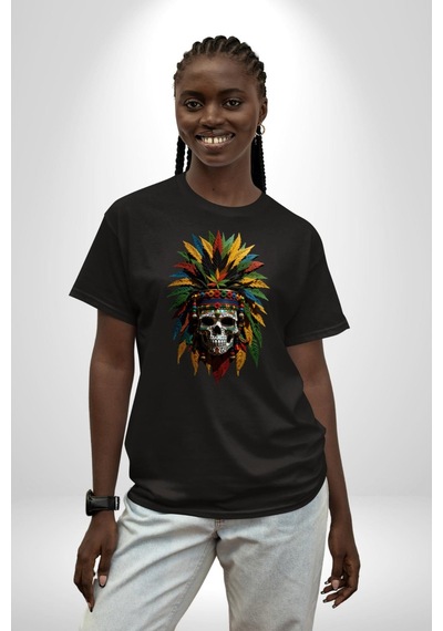 Kurukafa İskelet Kızılderili Tüy Kartal Şefi Pamuklu Bisiklet Yaka Unisex Oversize Boyfriend Dijital Baskılı Siyah T-shirt Siyah