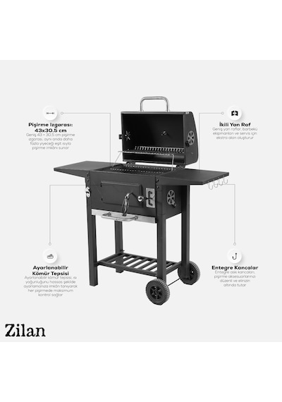 Zln3584 Kömürlü Mangal & Barbekü Pazlanmaz Çelik, Kademeli Isı, Taşınabilir Siyah