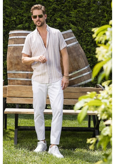 Buratti Çizgili Pamuklu Slim Fit Kısa Kollu Erkek Gömlek Cf23S116097 Taş