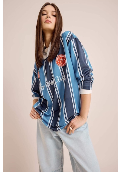DeFacto Coool Oversize Geniş Kalıp Polo Yaka Baskılı Forma Kumaşı Uzun Kollu Tişört E5373AX25SPNV241 DeFacto Coool Oversize Geniş Kalıp Polo Yaka Baskılı Forma Kumaşı Uzun Kollu Tişört E5373AX25SPNV241